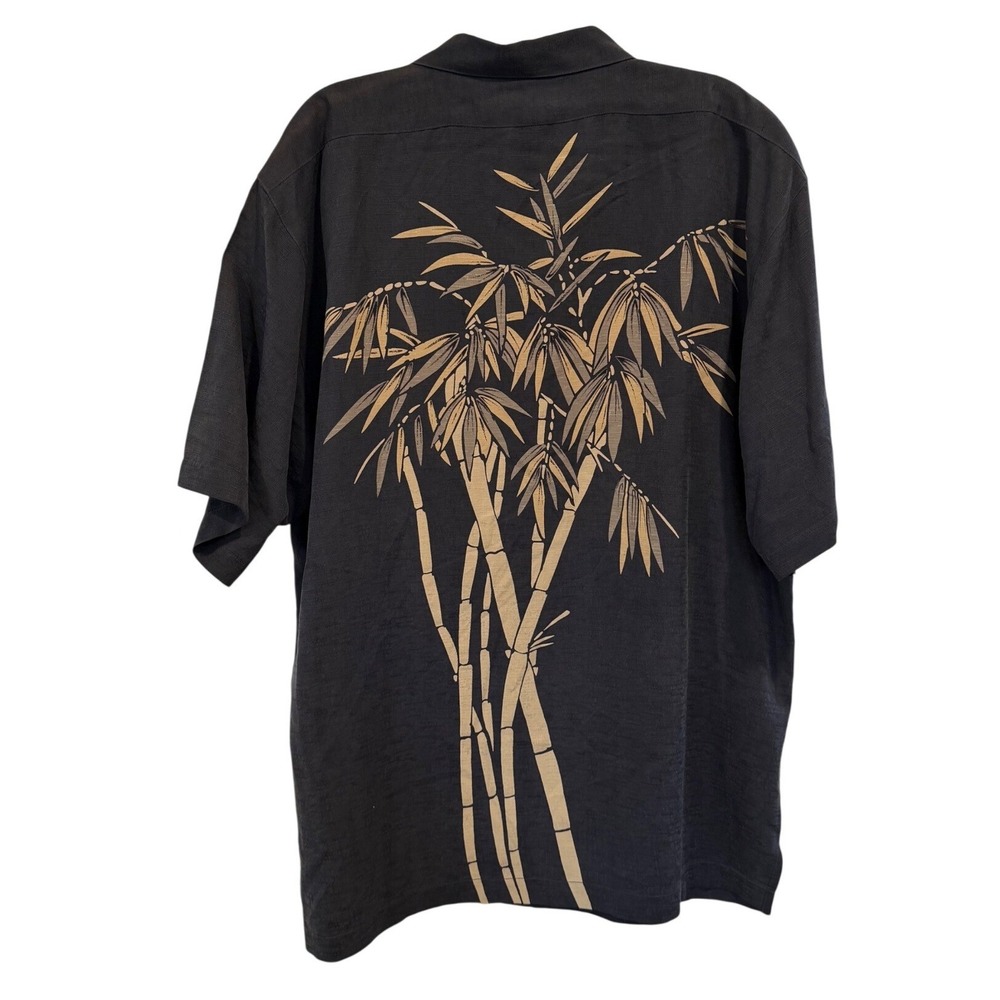 Vintage Tommy Bahama Mens Large 100% Silk Black Bamboo Camp Shirt Hawaiian Aloha